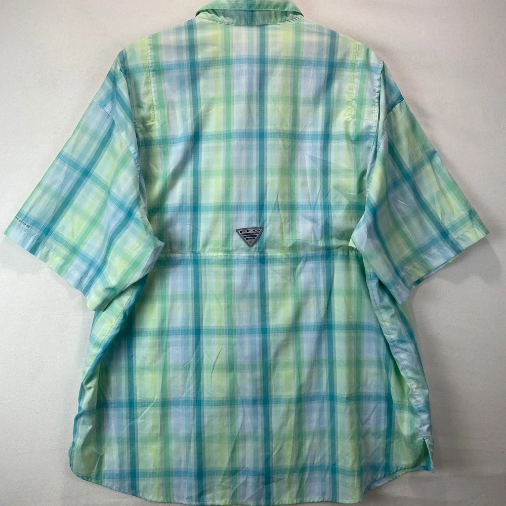 Columbia PFG Super Tamiami Mens XXL Blue Green Plaid Short Sleeve Fishing Shirt